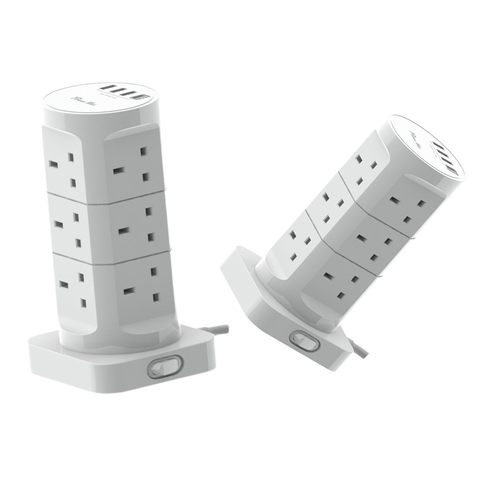 UK 13A Flat Plug 12 Outlets Tower USB Smart Socket Power Strip Surge Protector