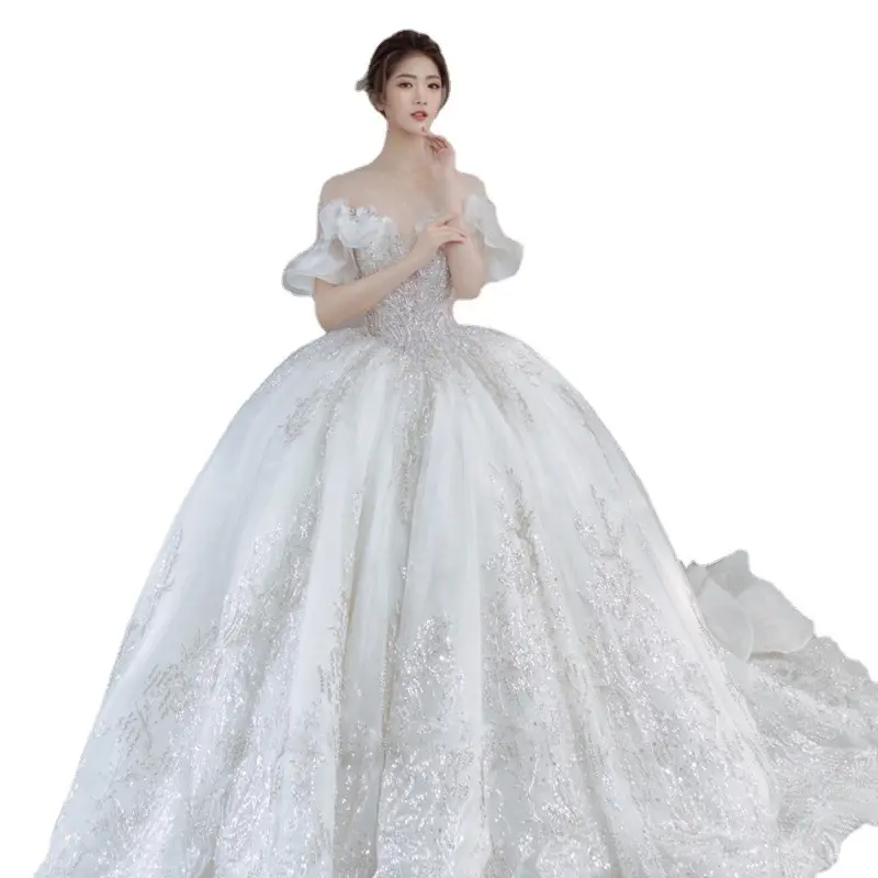 Strolling in the cloud theme wedding dress 2021 new bride atmospheric dress simple temperament One shoulder trailing