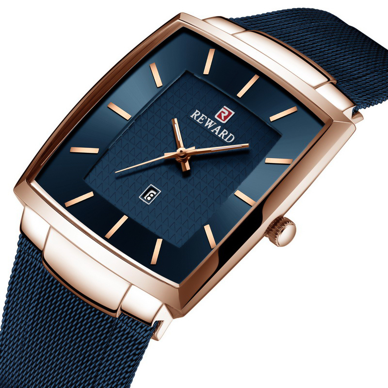 REWARD Fashion Luxury Sport Square Fashion Mesh Belt Waterproof Quartz Watches For Men Business Stainless Steel Wrist Watch Mens