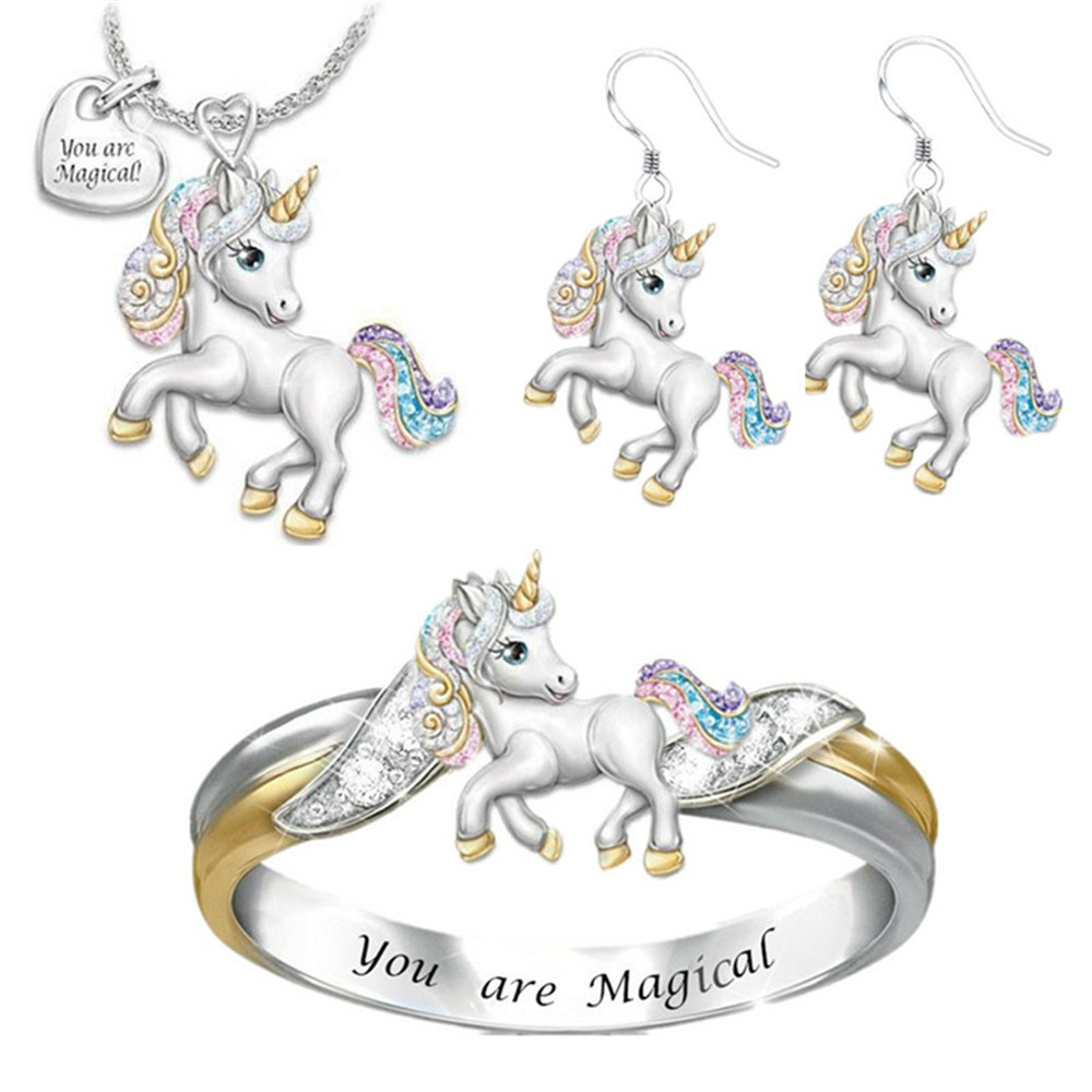 Hot Sale Creative Animal Rhinestone Necklace Rings and Earrings Set Cute Unicorn Pendant Jewelry Set for Women