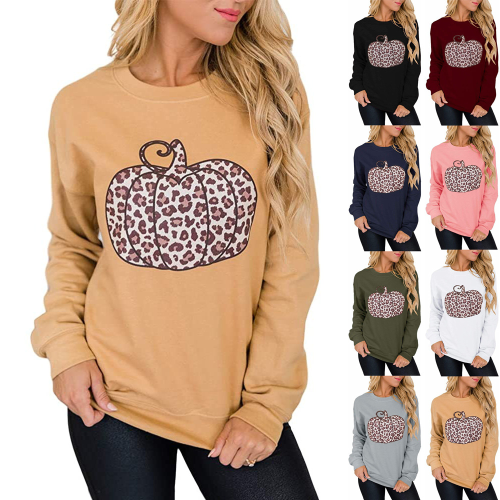 Amazon Halloween Day Hot Sale Hoodie Crew Neck Long Sleeve Leopard Pumpkin Printed Pullover Casual Fashion Fall Fleece For Lady
