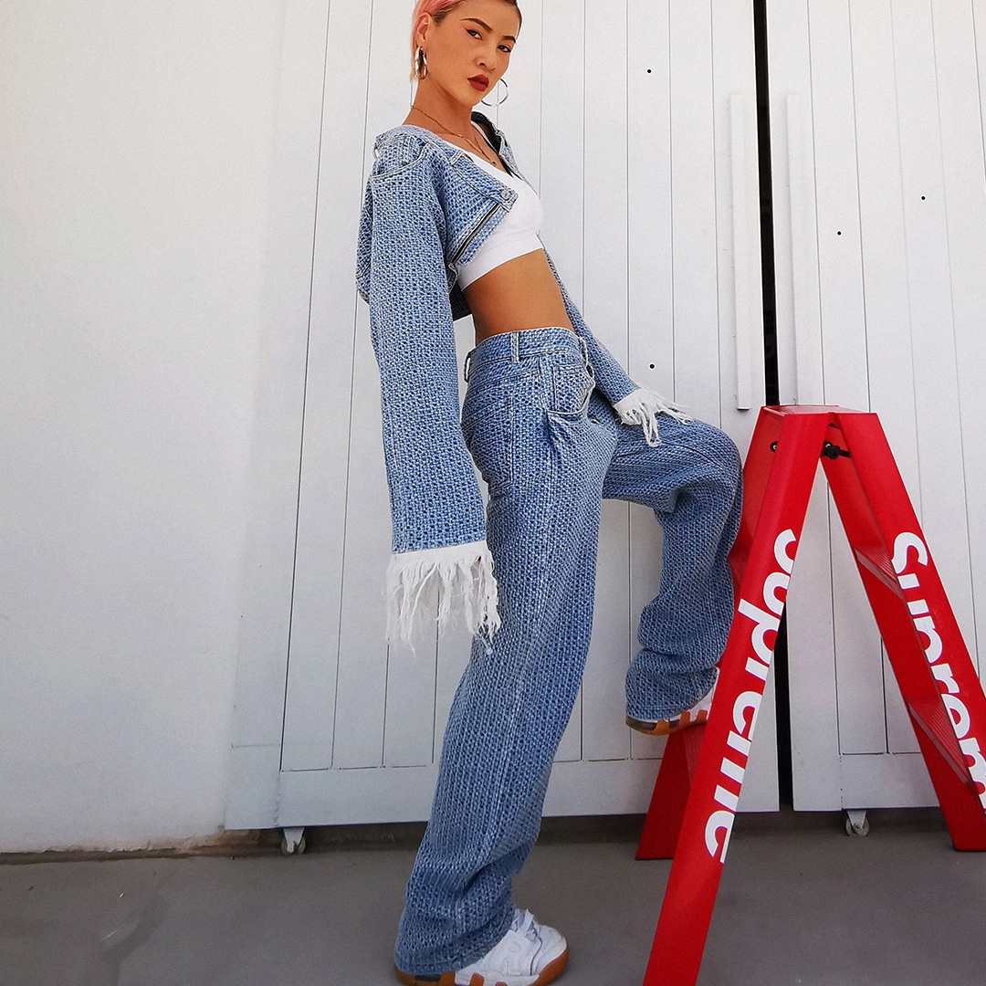 New Fashion Fringed Tassel Long Sleeve Jean Short High Waist Wide Leg Pants Sets Women Two Piece Denim Set