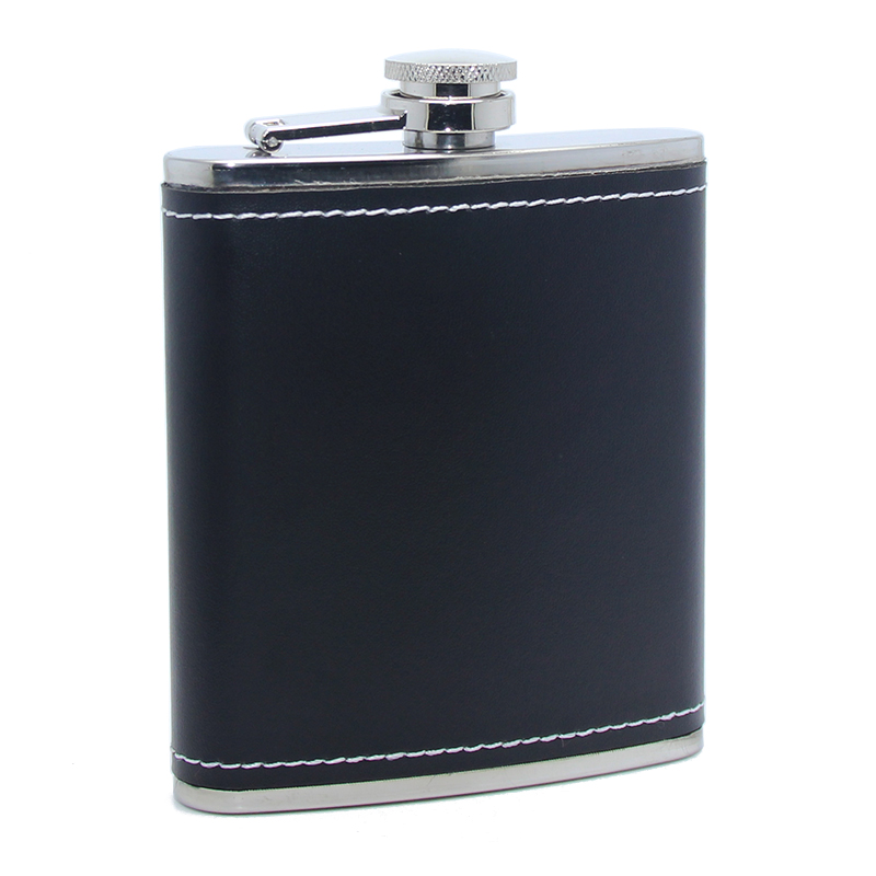 7oz 200ML Seven Ounce Pocket Travel Hip Flask Stainless Steel with Black Leather Wrapped Cover Hip Flask Leather