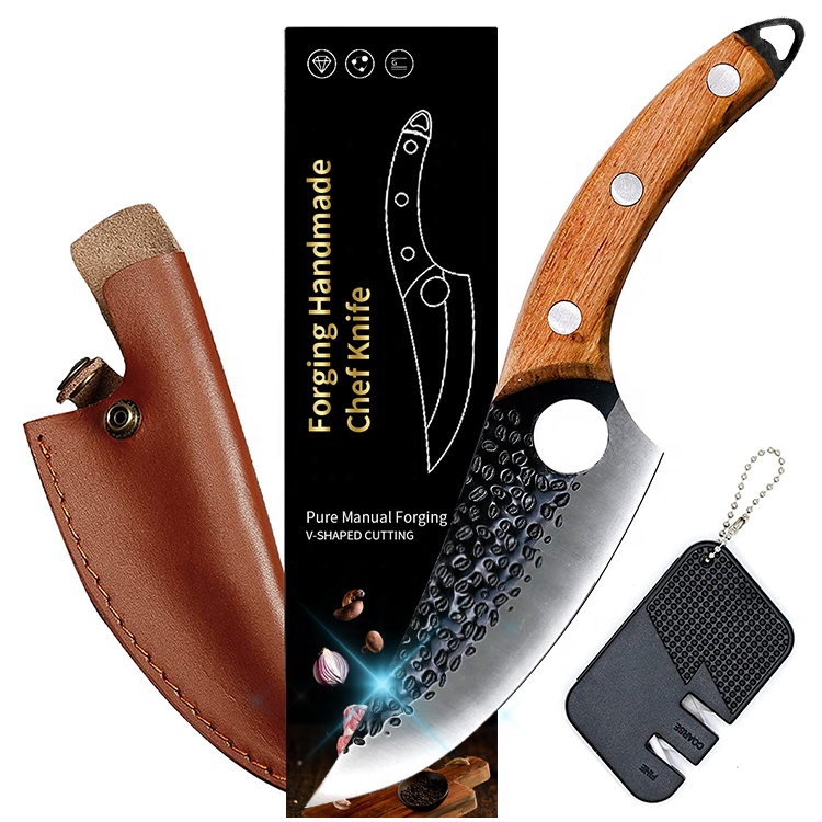 Damask Style Hand-Forged 7cr17mov steel Boning Chef's Knife viking knife Meat Cleaver with knife sharpener, leather sheath
