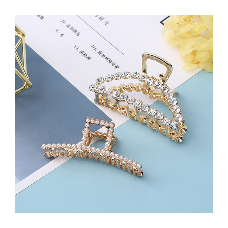 Gold Metal Bling Pearl Hair Jaw Clips Designer Hair Claw Hair Clips Accessory Crystal Rhinestone Beads Clamp For Women Girls