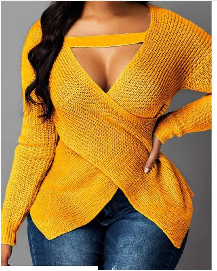 New Trendy Casual Solid color 3xl Plus Size Sweaters autumn long sleeve cross V-neck top women rib knit Knitting Sweaters