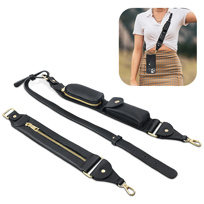 Impeccable Back Slot Straps Adjustable Length Full Grain Pebble Mobile Phone Leather shoulder Strap With Zipper Coin Wallet