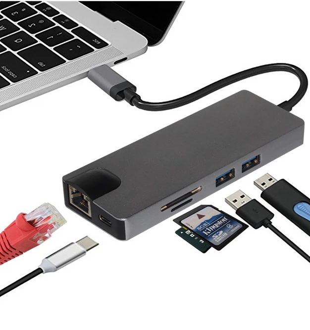 ILINK 8 in 1 3.1 USB C type C hubs to RJ45 Gigabit Ethernet PD charging+HDMI+VGA+ 2*USB 3.0+SD/TF card reader USB Tipo C Hub