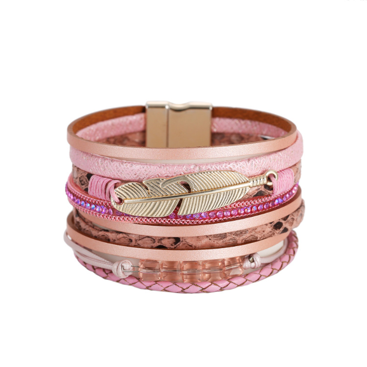 Exquisite Handmade Braided Crystal Rhinestone Feather Wrap Bracelet Ethnic Metal Feather Charm Leather Wrap Bracelets Jewelry