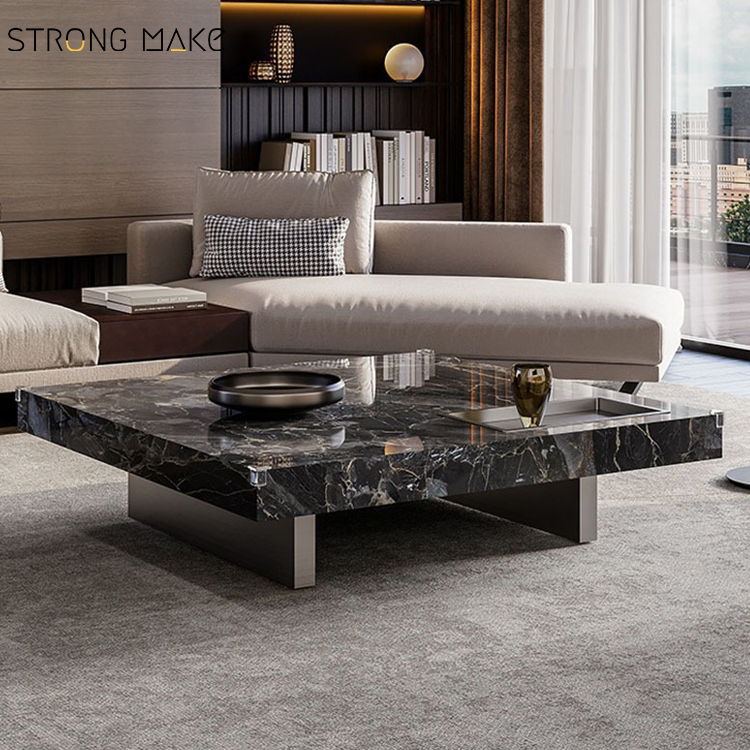 Luxury Modern Block Square Rectangle Living Room Center Black Tea Coffes Table Marble Sintered Stone Coffee Table For Home