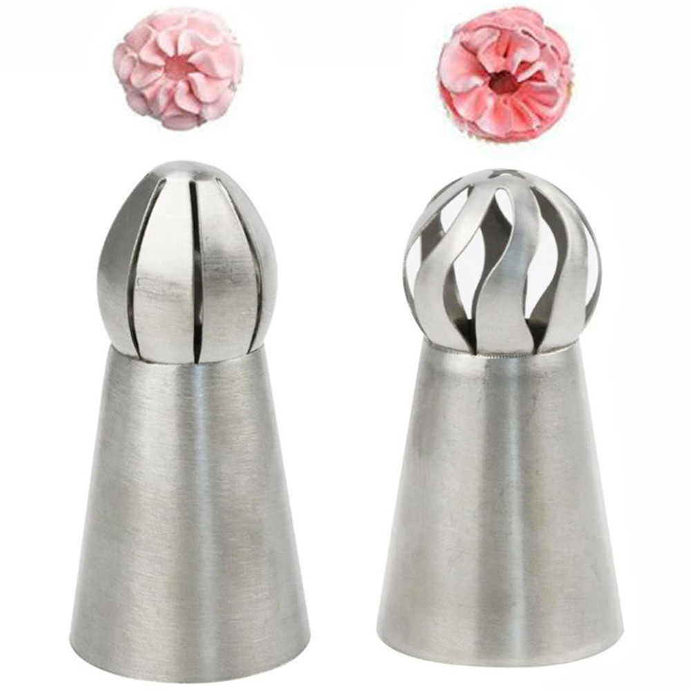2PC Ball Shape Icing Piping Nozzles Cupcake Stainless Steel Pastry Cream Tips Flower Torch Pastry Tube Dessert Decoration