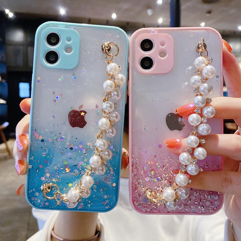 Блестящий чехол для телефона с бриллиантами для iphone 11 Pro Max XR XS Max 8 7 Plus, милый мультяшный чехол для iphone 12 с жемчужной цепочкой 2021