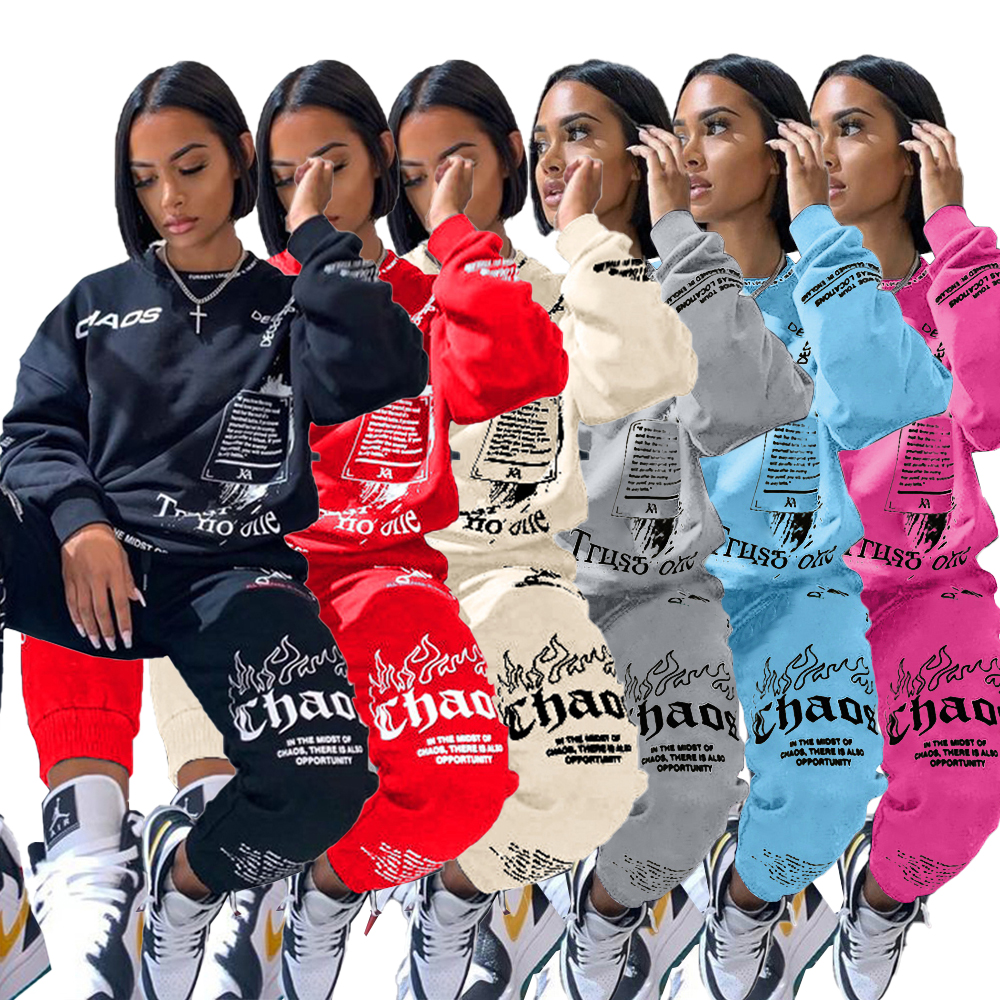 WOW8325-New Arrivals Letter Graffiti Printed Jogger Sweatsuit Sets 2021 Wholesale 2 Piece Set Women Clothing