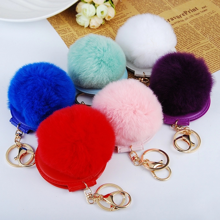 Faux Fur Puff Ball Mirror Keychains Round Compact Makeup Lip Mirror Keychain