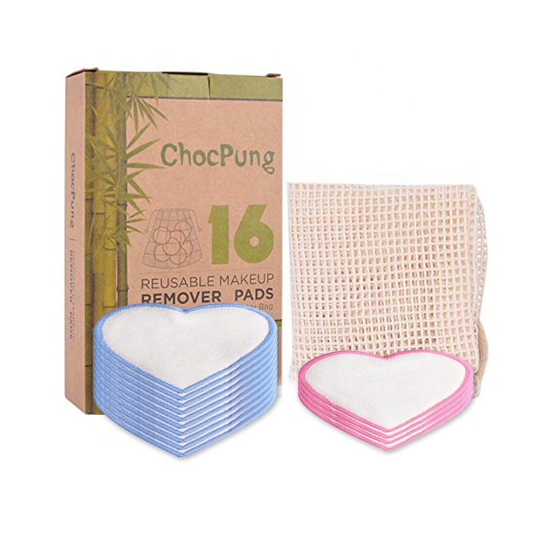 Custom Cute Heart Shape Soft Facial Cloth Pads Makeup Remover Bamboo Cotton Makeup Pads Reusable Set