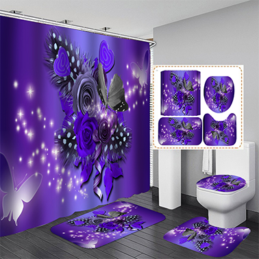 Bathroom Shower Curtains 4 pcs Sets, Waterproof Fabric Bathroom Curtain with 12 Hooks, Red rose and purple butterfly