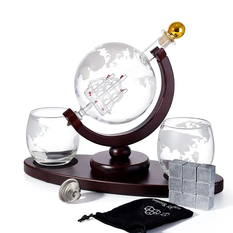 850ml Hot Selling whisky decanter globe Whiskey Decanter set with wooden tray glass bottles