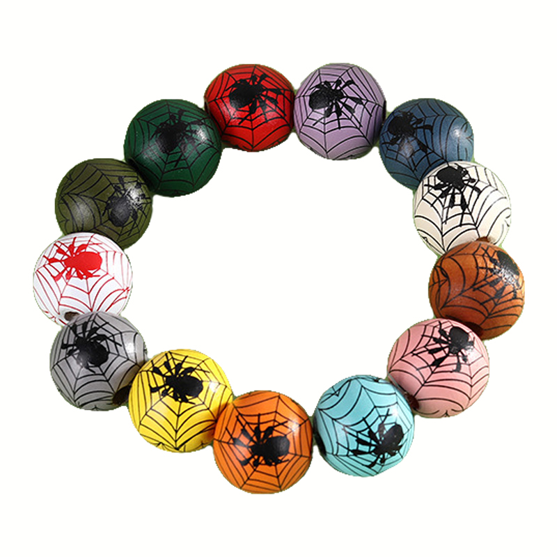 Latest Hot Sale DIY Colorful Net Spider Printed Wooden Beads Bulk Halloween Wooden Jewelry Accessories