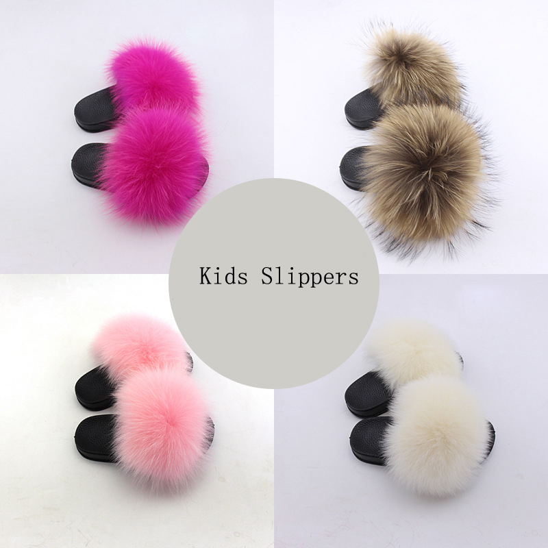 Real Fox Slippers Kids Winter Fur Child Home Slipper Girl outdoor beach Flop Flips natural Raccoon Fluffy Cute Flats slides