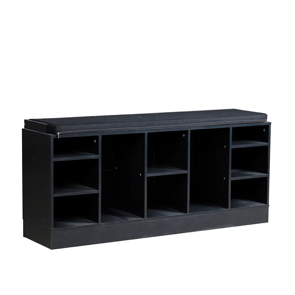 Black wooden entryway cube shoe storage bench with seat cushion
