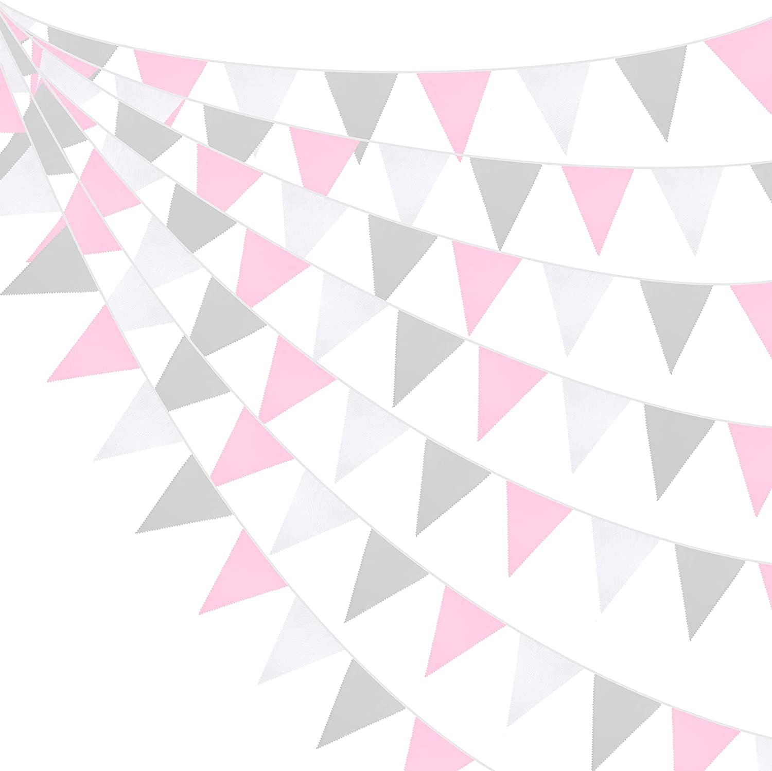 Pink Grey White Pennant Banner Fabric Triangle Flag Bunting Garland for Boys Kids Baby Shower Birthday Anniversary Party
