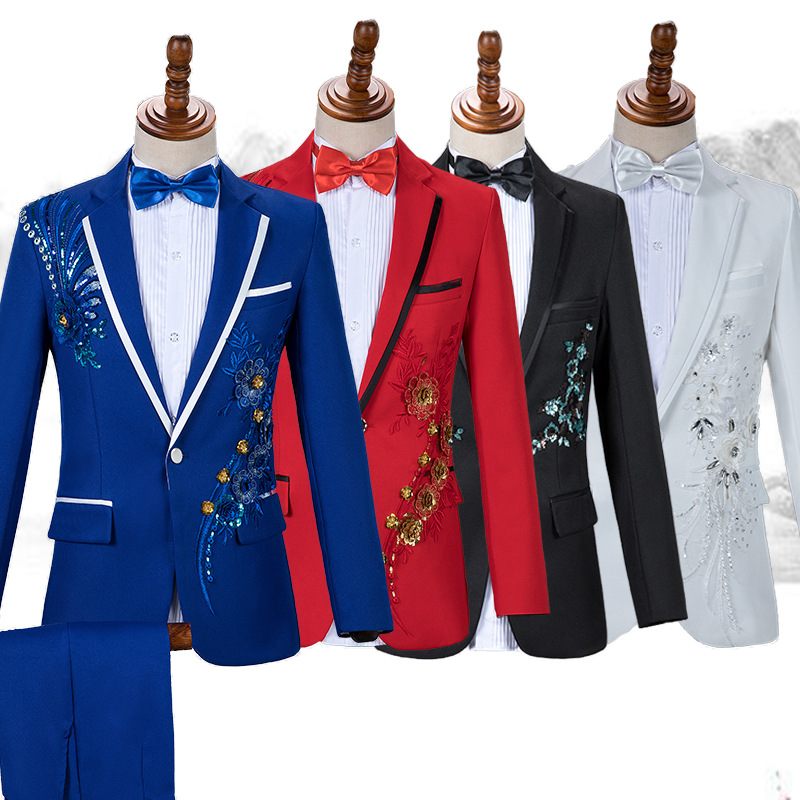 Luxury Embroidered Suits Sequined Jacquard Slim Fit Choir Dress 1 Button Mens 2 Pieces Jacket And Pants