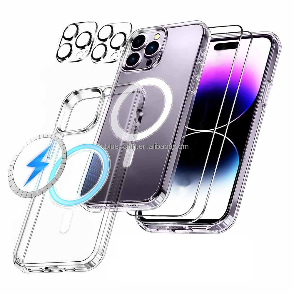 5 в 1 для Iphone 14 Pro Max Магнитный чехол Закаленное стекло протектор экрана объектива камеры + чехол для мобильного телефона