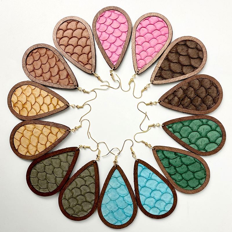 Water Drop Fish Skin Hoop Earrings Color Scale Pattern Genuine Leather Bohemian Wood Hoop Earrings Stylish Texture Drop Earrings