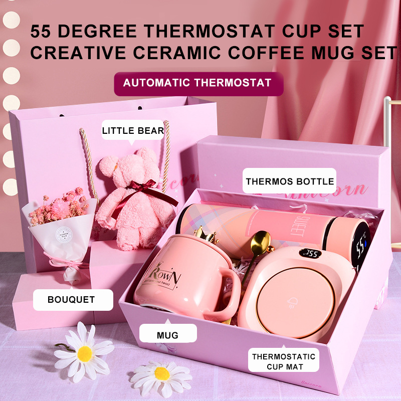 New Design 55 Degree Thermostat Cup Set Creative Ceramic Coffee Mug Warmer Cup Cute Pink Mugs With Logo Tea Cup For Wedding Gift