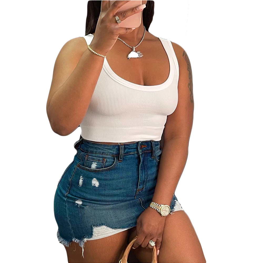 2021 Fashion Design High Waist Irregular Hole Hollow Hip Covering Bodycon Denim Short Skirt