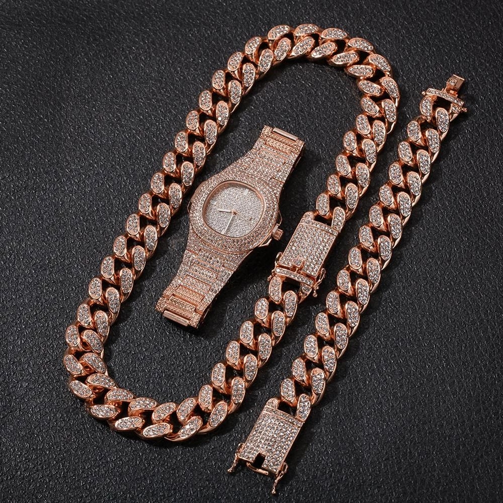 Luxury Men Gold Silver Color Watch Hip Hop Men Watch   Bracelet   Necklace Combo Set Ice Out Cuban Watch Hip Hop for Men