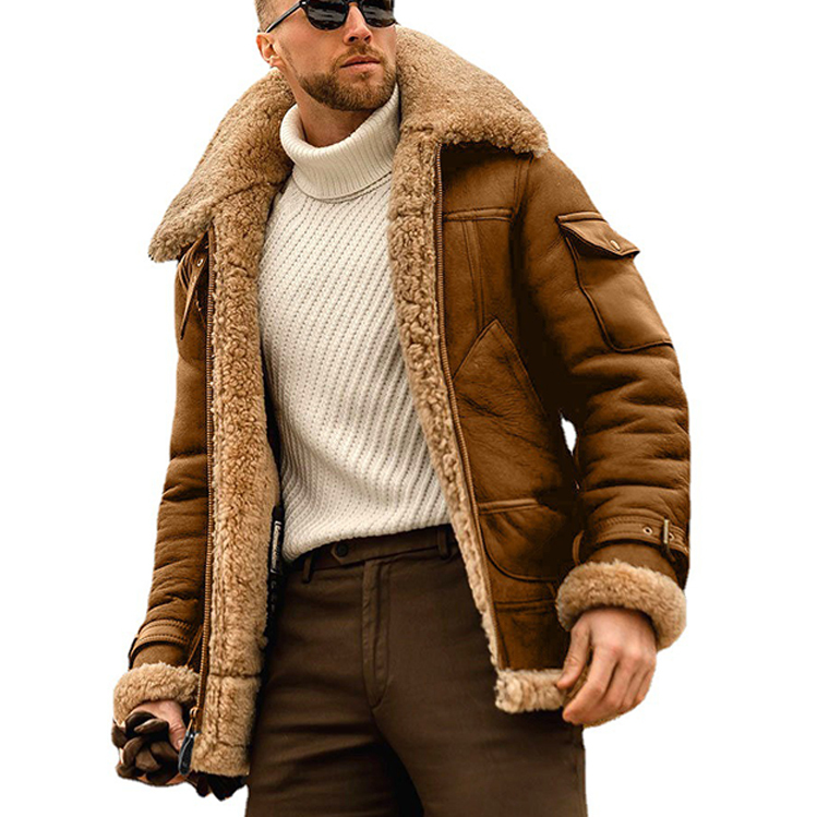 Winter Artificial Leather Men's Casual Thick Combat Pilot Sheepskin Warm Outdoor Fur Plus Size PU Leather Coat Men's Jacket