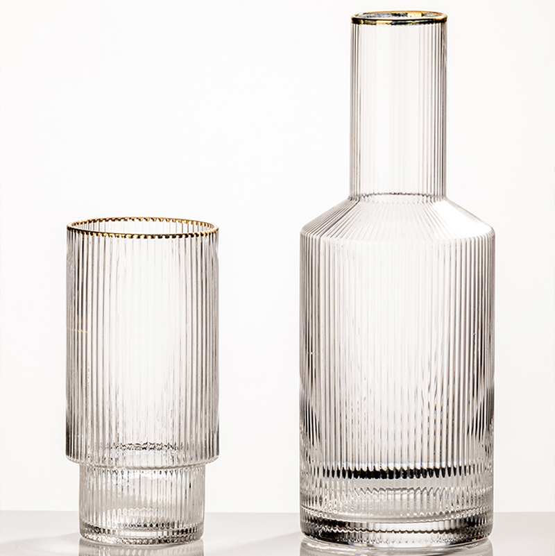 Amazon HotsaleStemless Coffee Ripple Vertical Stripes Glass Drinking Water Glassware Set Tumbler With Golden Rim Mouth Glass mug