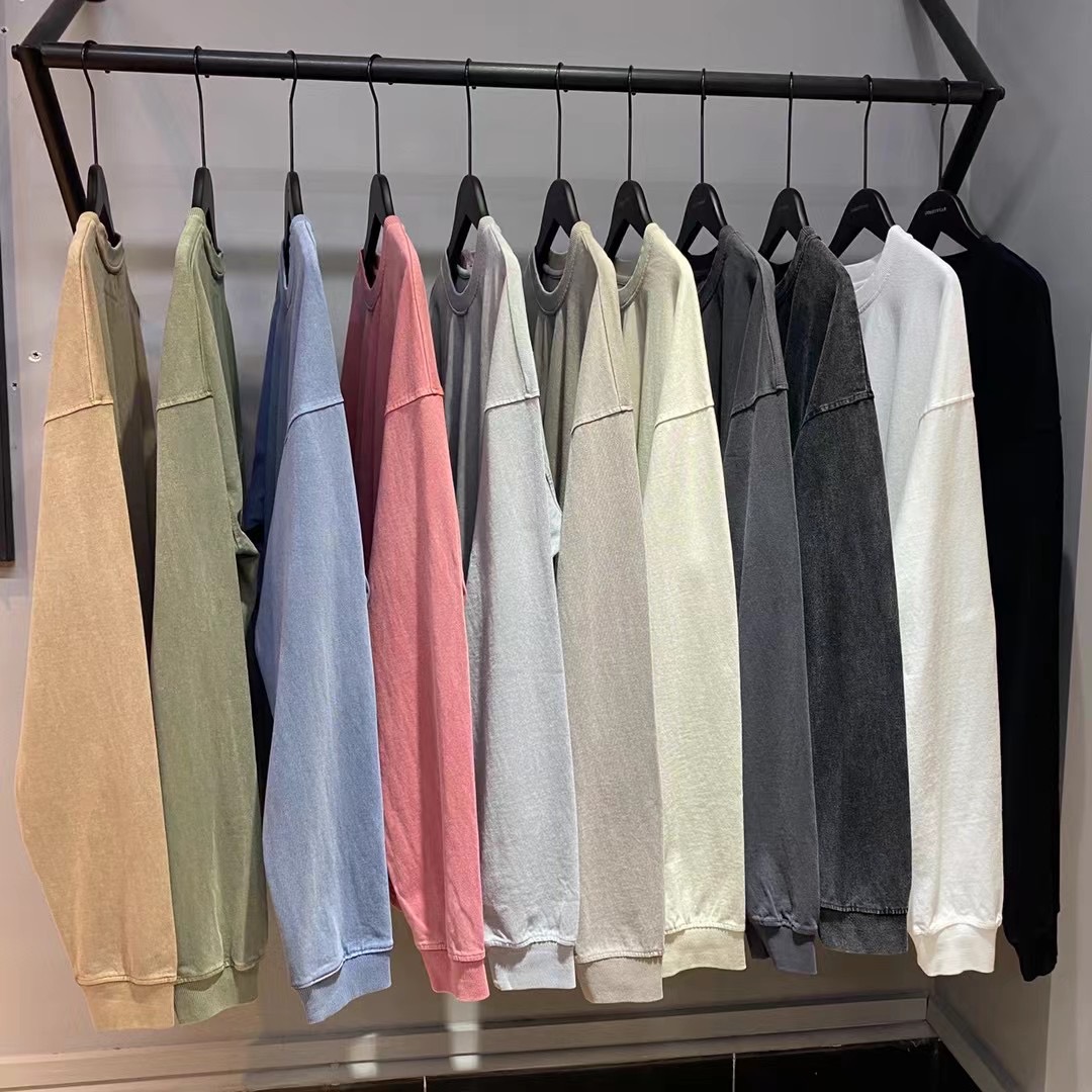 2021 New Style Crew Neck Custom Long Sleeve Vintage Acid Washed 310GSM Heavy Weight Men T Shirts