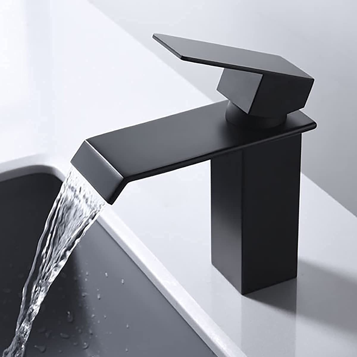 Mordern Bathroom Waterfall Spout Design Sink tap 304 Stainless Steel Deck Plate Basin Matte Black Basin Faucet
