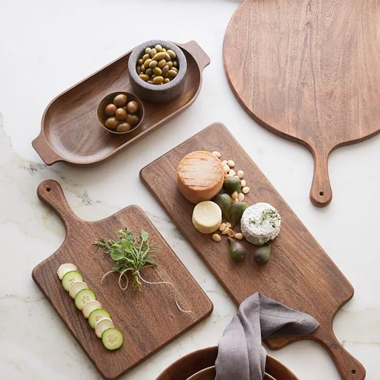 Durable Customize Round Wooden Steak Serving Boards Pizza Wood Plate With Handle
