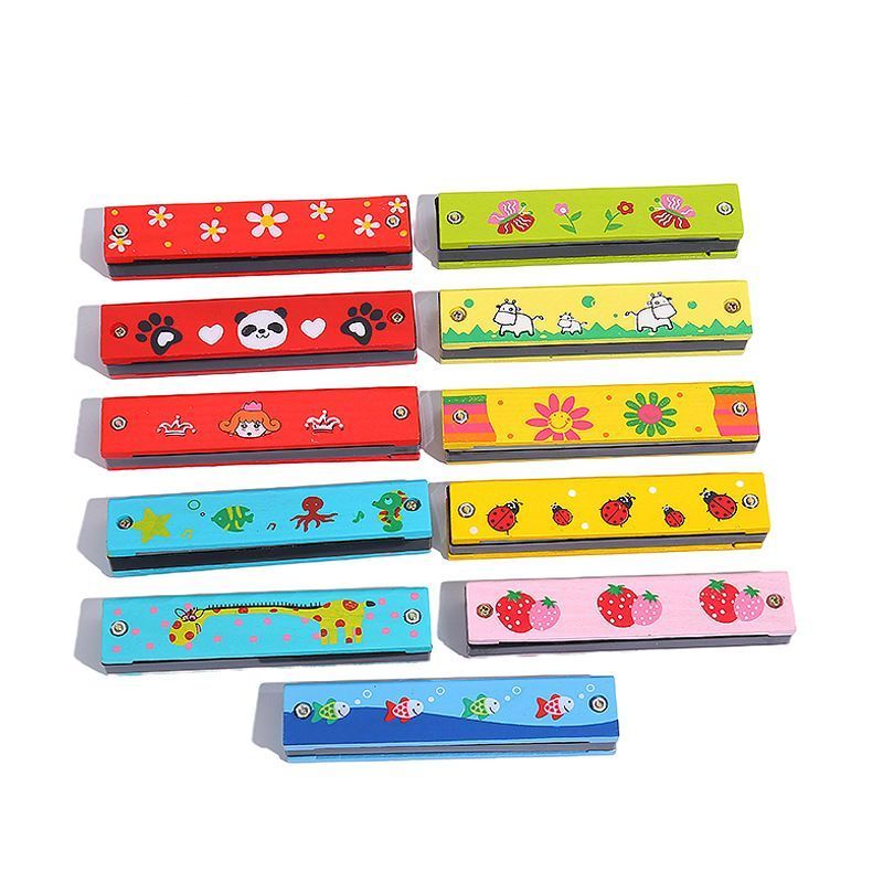 Wooden Cartoon Harmonica Children's 16-Port Toy School Teaching Materials with Double Row Cover Wood Harmonica