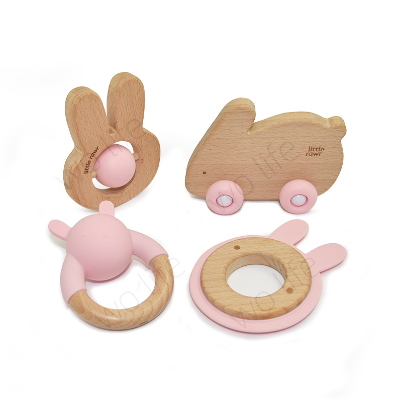 Silicone Wooden Cute Cartoon Animal Toys Sets Teether Rattle Toy Choose One Baby Silicone Wooden Combination Toys For Childern