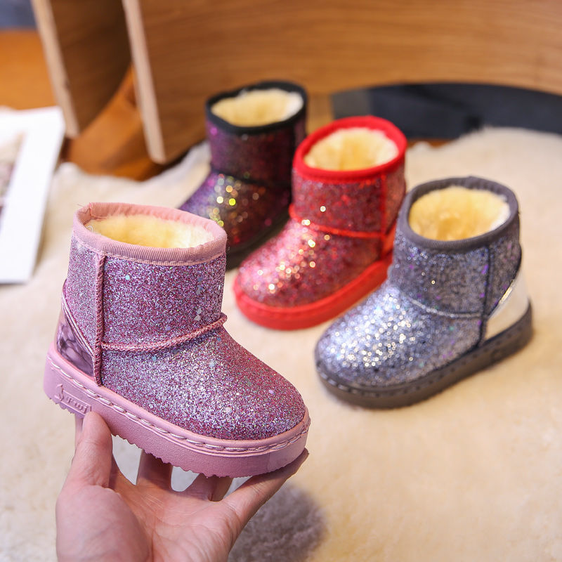 2021 winter Kids Snow Boots Plush Warm Fashion Sequins Solid Color Girls Ankle Boots Children Plush Fur boots