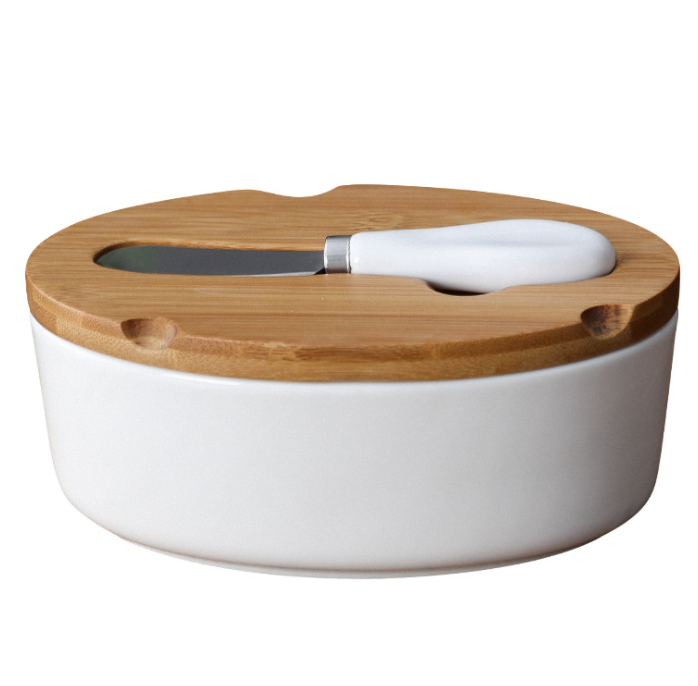 Oval Rectangle White Nordic Ceramic Porcelain Cheesecake Butter Storage Keeper Dish Box Container with Bamboo Lid and Knife