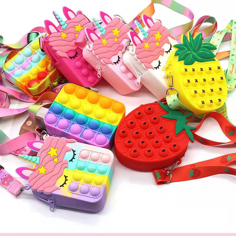Fashion colorful silicone push bubble pop fidger mini hand bag unicorn