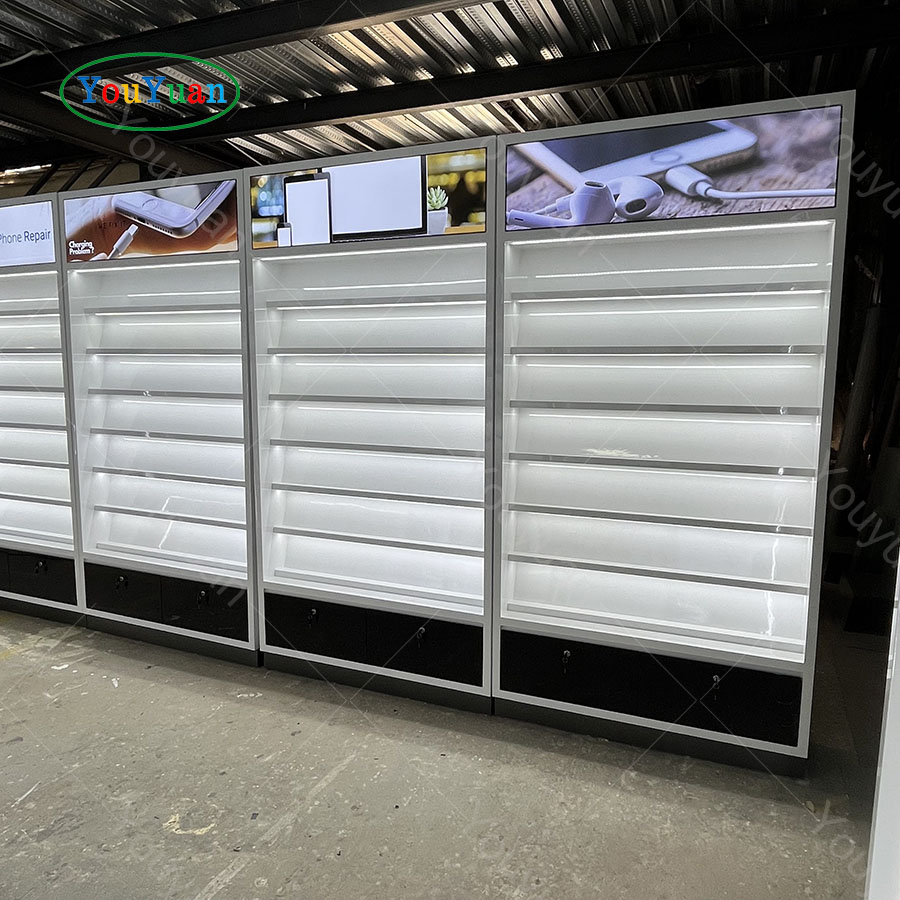 Plywood glass display showcase for mobile shop counter display cabinet cell phone display showcase repair store