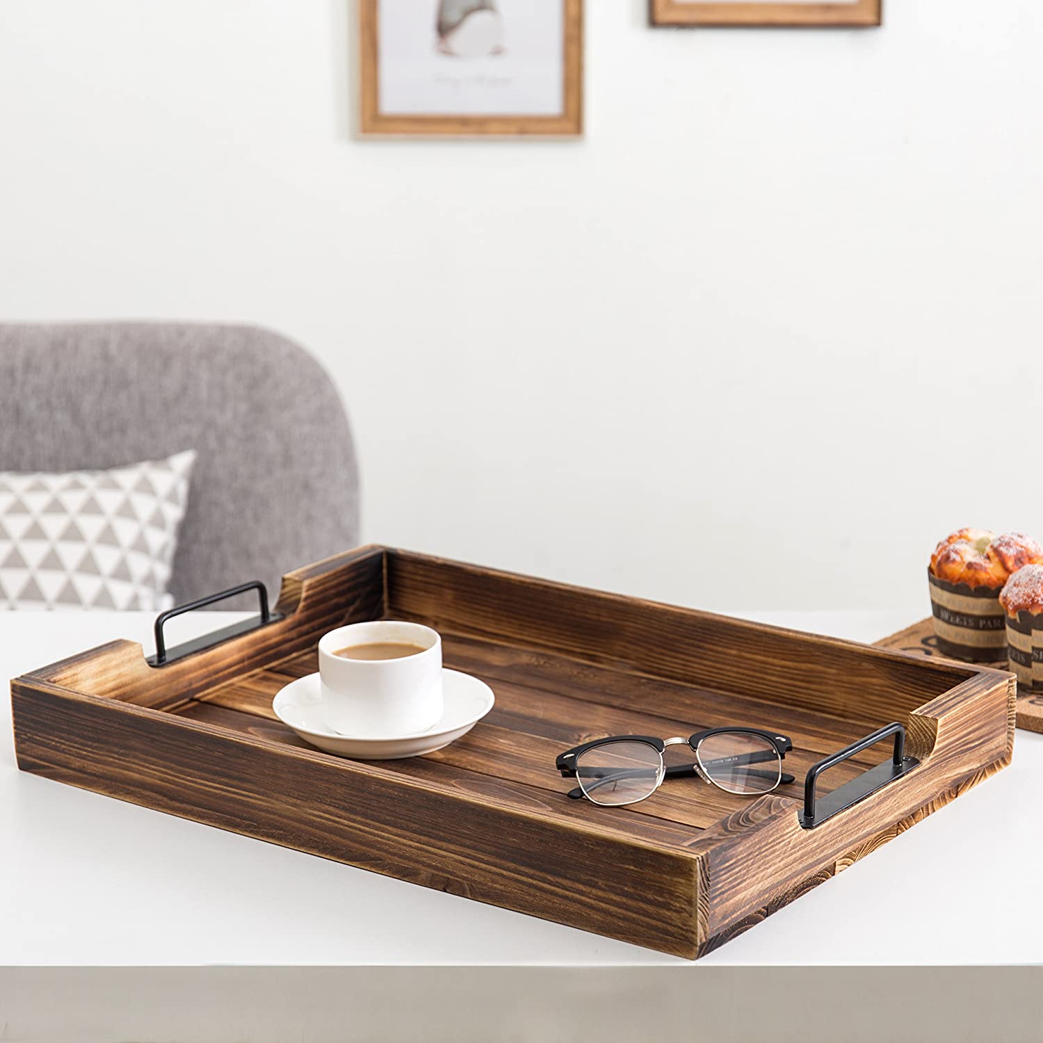 Whitewash Weathered Finish Rustic Pine Wood Farmhouse Serving Tray