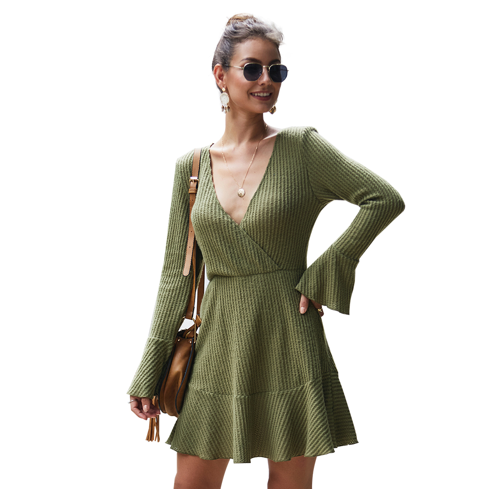 Autumn and winter V-neck sexy knit dress girl clothing support drop shipping