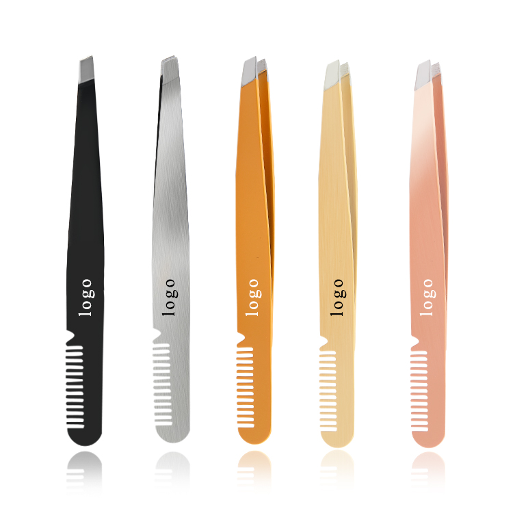 Professional 2 in 1 Hair Removal Trimming Custom Color Multifunction Stainless Steel Eyelash Tools Eyebrow Tweezers with Comb