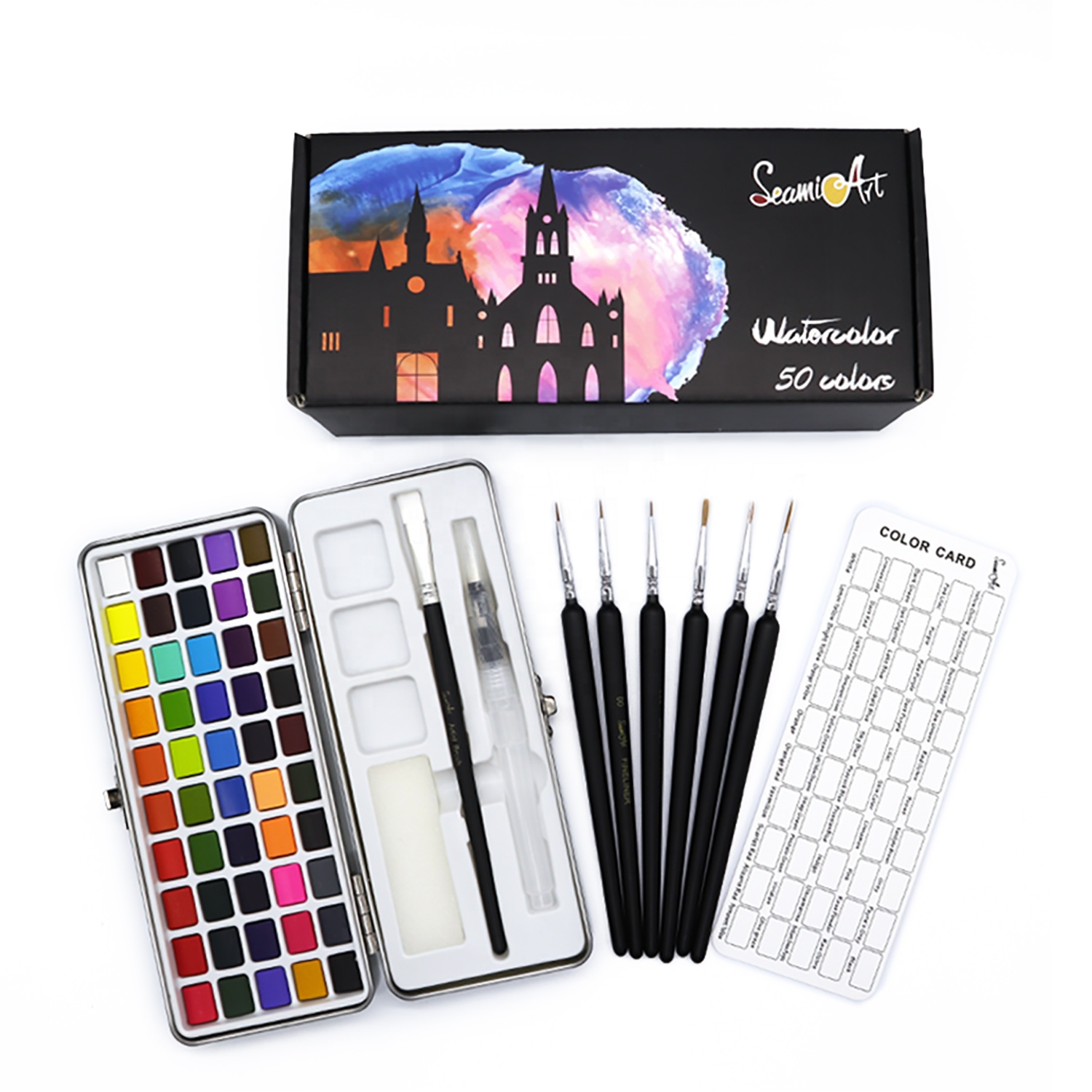 SeamiArt aquarela 50 цветов Премиум Твердые акварельные краски подарочный набор художника с 6 шт. детализированных кистей для рисования acuarelas acuarela