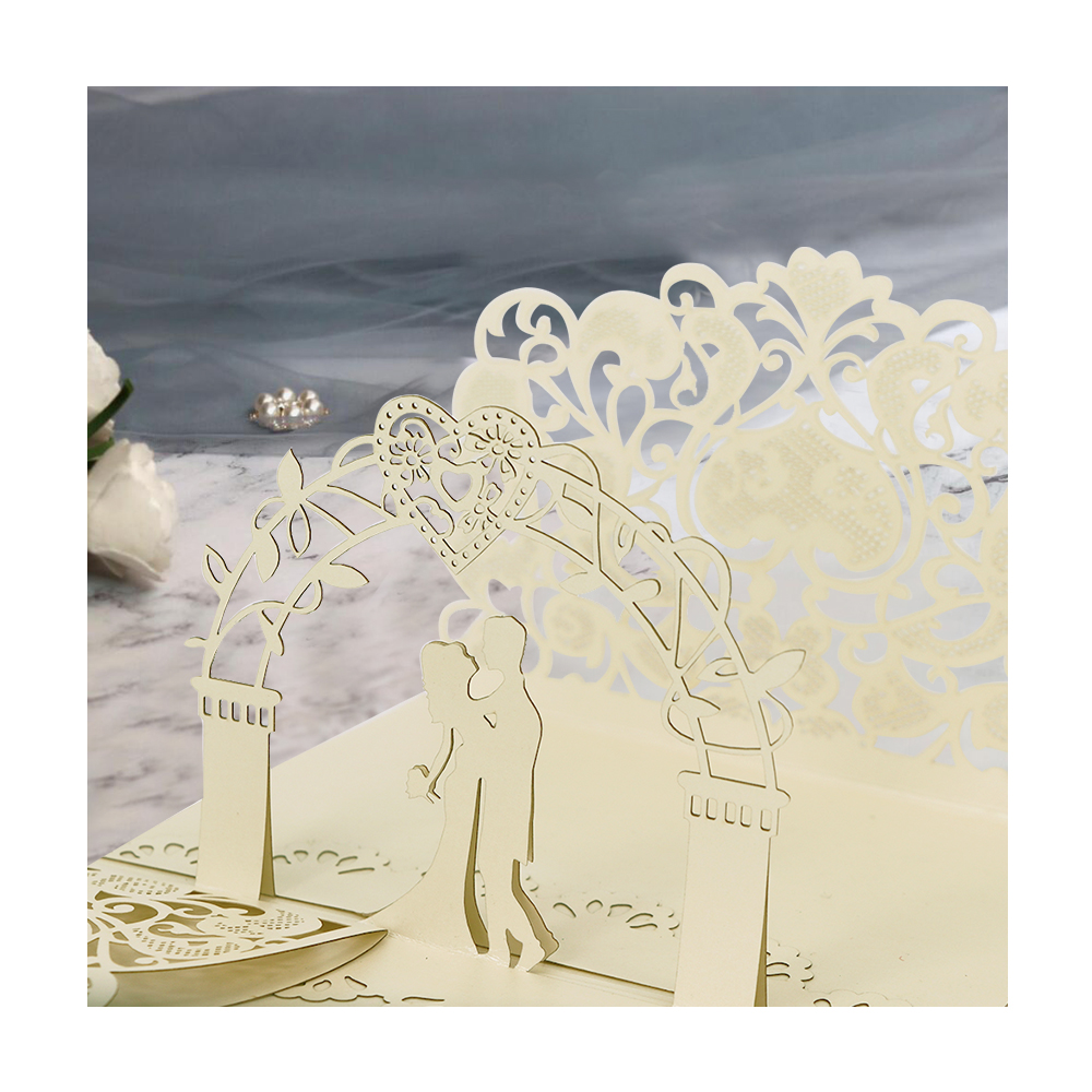 Luxury laser cut gold paper newlyweds designs 3d pop up wedding invitation cards