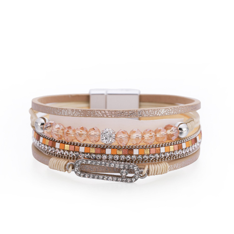 2021 Boho Fashion Shiny Crystal Oval Charm Leather Bracelets Paved Rhinestone Multilayer Wrap Bracelet Bangle For Women Men