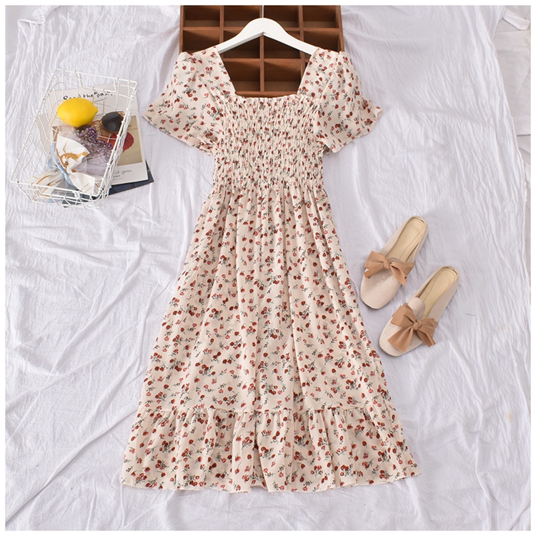 Latest Korean Design Floral Print Elastic Vintage Square Neck Short Sleeve Long Dress Women Summer Dresses Clothing
