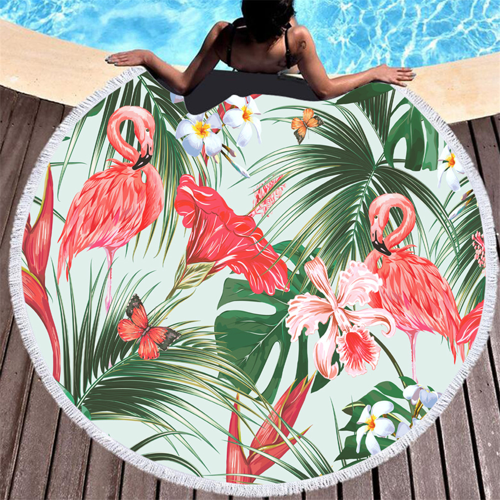 Fashion High Quality summer beach flamingo palm leaf patterned round beach towel with tassel Soft microfiber Beach towel